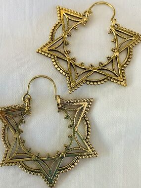 New Golden Embossed Star / Circle Brass Hoop Earrings / Tribal Made in Nepal